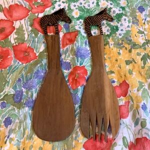 Zebra Salad Utensils Hand Carved AS IS
